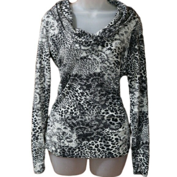 Cache Vintage Mixed Animal Print Cowl Neck Long Sleeve Top Medium - Picture 1 of 16